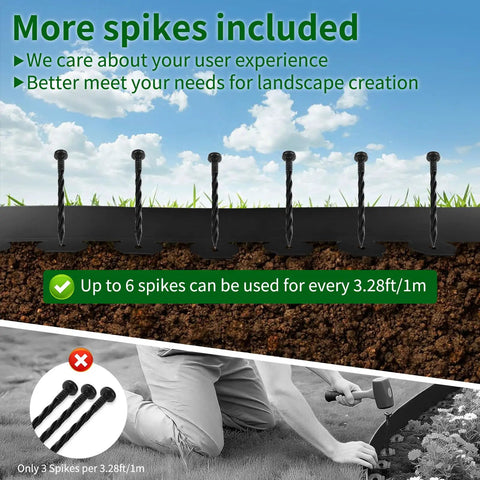 Illustration showing No Dig Garden Edging Border Kit 33 Foot Long 4 Inch High With 61 Spiral Spikes installation in soil