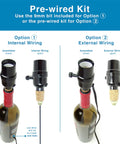 Plug N Play Bottle Lamp Kit for Wine and Liquor Bottles showing internal and external wiring options with socket.