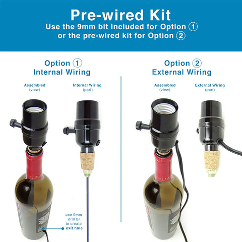 Plug N Play Bottle Lamp Kit for Wine and Liquor Bottles showing internal and external wiring options with socket.