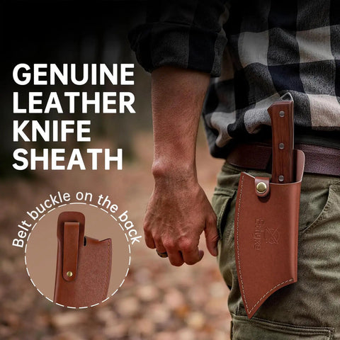 Hand Forged Meat Cleaver With Leather Sheath for Everyday Kitchen Prep on a belt buckle, outdoors