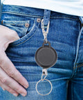 Extendable Keychain With Retractable Cord, 60cm Steel Wire Rope Key Reel attached to jeans; ABS plastic and stainless steel key ring.