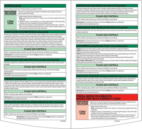 Label with instructions for Fruit Citrus And Vegetable Insect Control Concentrate For Edible Gardens Kills Aphids Asian Citrus Psyllid And Other Pests
