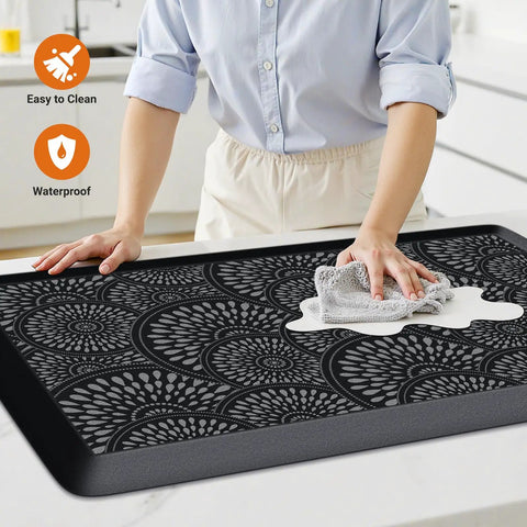 Ergonomic 0.47-Inch Thick Kitchen Mat With Non Slip Waterproof Standing Pad for home or office, being wiped clean, black.