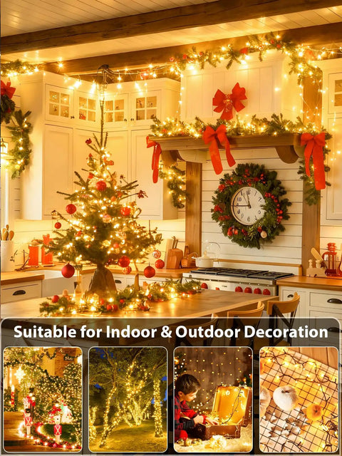 Lit 75.8 Ft 200 LED Christmas String Lights illuminating indoor kitchen decorated for Christmas with tree and wreaths