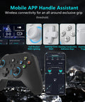 Ultimate Wireless Game Controller With Hall Effect Joysticks, displaying button features and connectivity on a smartphone app.