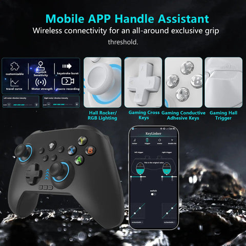 Ultimate Wireless Game Controller With Hall Effect Joysticks, displaying button features and connectivity on a smartphone app.