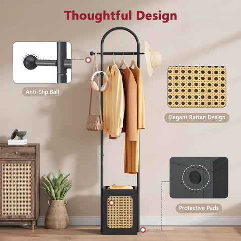 Coat Rack Stand With Wooden Base And Rattan Design Three In One Clothes Organizer With Six Hooks Small Rack in black, living room setting
