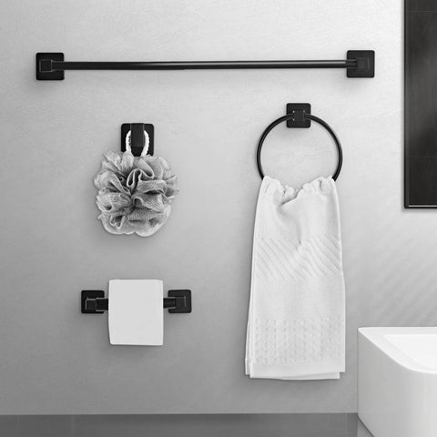 Matte Black 4 Piece Stainless Steel Bathroom Hardware Set Wall Mounted with 16 Inch Hand Towel Bar, Towel Ring, Robe Hook, and Toilet Paper Holder