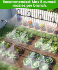 120Ft Drip Irrigation Kit With 18 Adjustable Misting Nozzles in garden setup with vegetables and flower pots, 360 degree spray.
