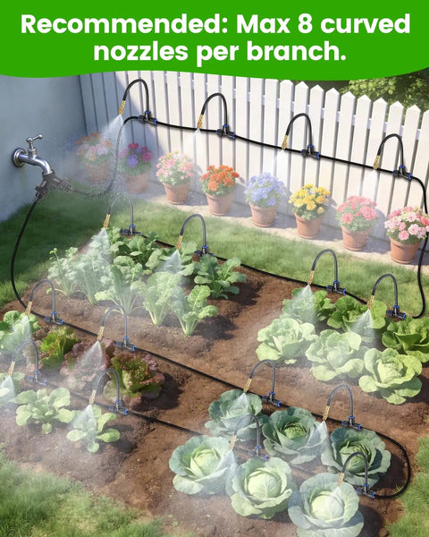120Ft Drip Irrigation Kit With 18 Adjustable Misting Nozzles in garden setup with vegetables and flower pots, 360 degree spray.