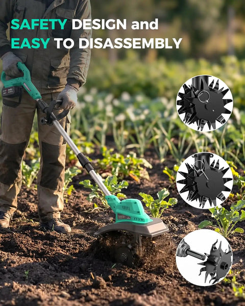 Person using Cordless 21V Tiller Cultivator For Gardening, 350 RPM Electric Garden Tiller with 2x3.0Ah Batteries on soil