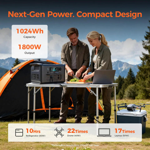 Rock Solid 1800W Portable Power Station Featuring 1024Wh LiFePO4 Battery And 100W Solar Panel in outdoor kitchen setup.