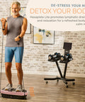 Man using HexaPlate Lite Vibration Plate for full body toning and recovery with lymphatic drainage, compact vibe platform in gym setting