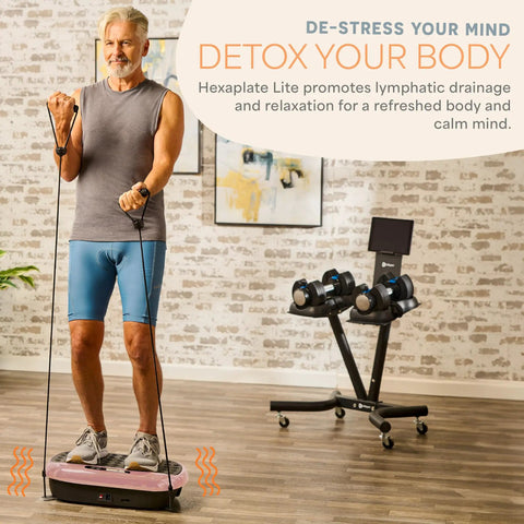 Man using HexaPlate Lite Vibration Plate for full body toning and recovery with lymphatic drainage, compact vibe platform in gym setting