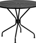 Round Black Indoor Outdoor Steel Patio Table With Umbrella Hole And Rain Flower Designer Top For Outdoor Living Spaces