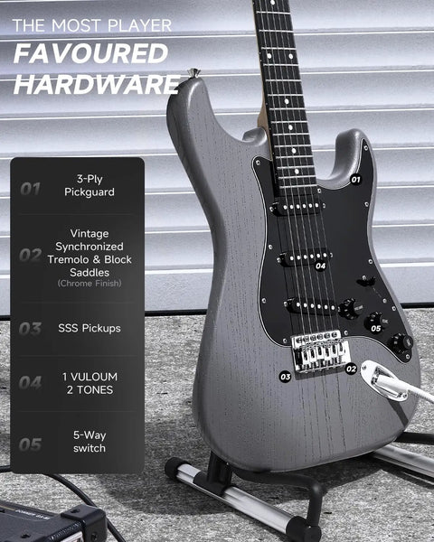 Starter Electric Guitar Kit With 39 Inch DST-80 All In One Bundle Featuring Classic SSS Pickup leaning on wall