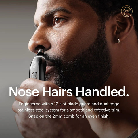 Man using Weed Whacker 3.0 Pro Electric Nose, Ear, And Eyebrow Trimmer With SkinSafe Dual Head System close-up