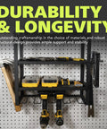 Wall Mounted Power Tool Organizer With 4 Layer Drill Rack And Side Holders For Screwdrivers Pliers And Hammers Heavy Duty Metal Garage Storage Shelf In Black, showing tools and storage compartments.