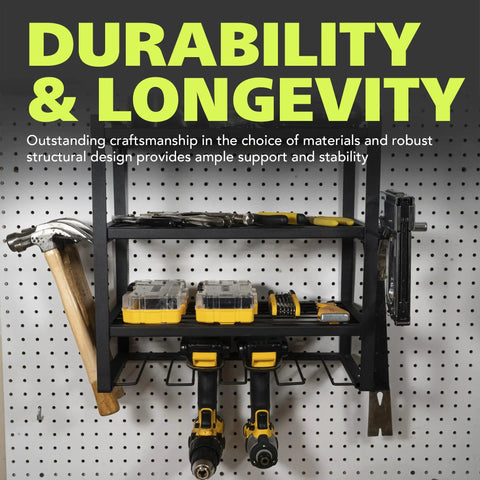Wall Mounted Power Tool Organizer With 4 Layer Drill Rack And Side Holders For Screwdrivers Pliers And Hammers Heavy Duty Metal Garage Storage Shelf In Black, showing tools and storage compartments.