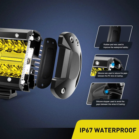 Exploded view of 4 Inch Yellow LED Pods Dual Pack 60W Flood And Spot Combo Driving Fog Lights with waterproof features