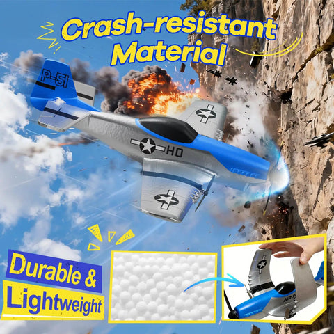 P51 Mustang RC Airplane For Beginners With 2.4GHz Control 3 Channel Remote 6 Axis Gyro flying near cliff demonstrating durability