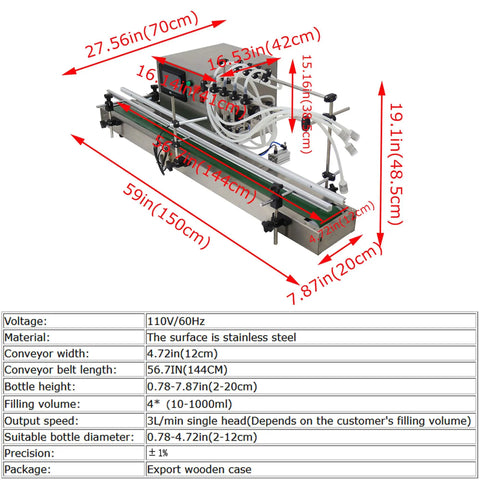Automatic Liquid Filling Machine With Magnetic Pump And Four Eight Millimeter Nozzles Handles Five To One Thousand Milliliter Bottles On A Fifty Six Inch Conveyor Belt For Rock Solid Workflow shown from an angle displaying dimensions and components.