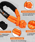 Kinetic Recovery Tow Rope 1.26 Inch By 30 Foot Snatch Strap with Soft Shackles in orange UHMWPE material, seamless diamond knot.