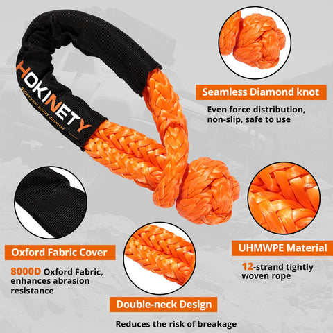Kinetic Recovery Tow Rope 1.26 Inch By 30 Foot Snatch Strap with Soft Shackles in orange UHMWPE material, seamless diamond knot.