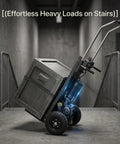 Heavy Duty 1200W Electric Dolly Stair Climber With 800lb Capacity And Folding Telescopic Handle For Moving Furniture And Warehouse Cargo, loaded on stairs.