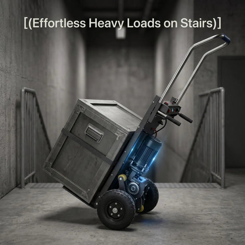 Heavy Duty 1200W Electric Dolly Stair Climber With 800lb Capacity And Folding Telescopic Handle For Moving Furniture And Warehouse Cargo, loaded on stairs.