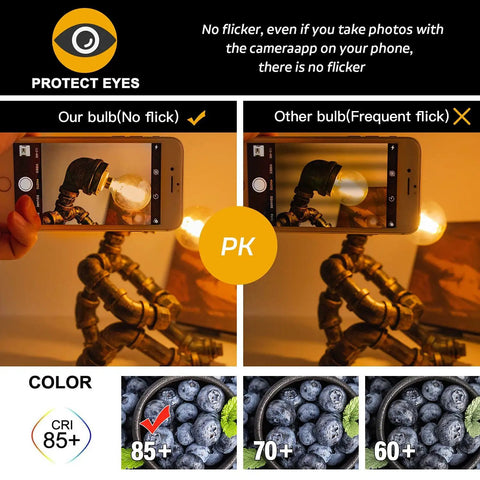 Comparison of Dimmable E12 LED Filament Bulb 4W 40W Equivalent Amber 2200K 300 Lumens G16.5 showing flicker effect on camera.