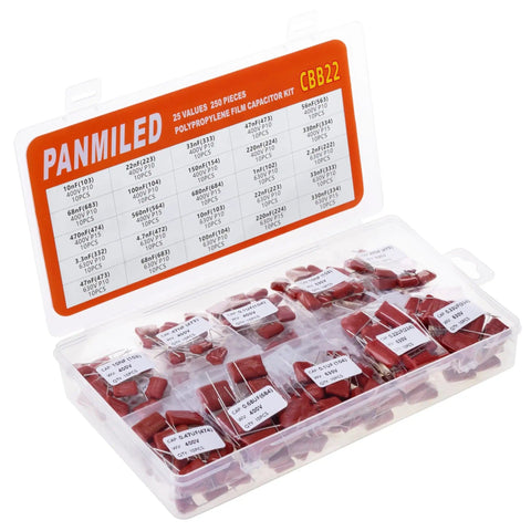 Must Have CBB22 Metallized Polypropylene Film Capacitor Kit, 400V And 630V, 25 Values in a clear plastic case, assorted red capacitors