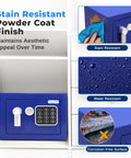 Premium Steel Digital Safe Box With Electronic And Mechanical Access For Cash Jewelry And Small Guns Compact 9.1 Inch By 6.7 Inch By 6.7 Inch Lockbox in blue with stain resistant finish shown in cabinet and detail views