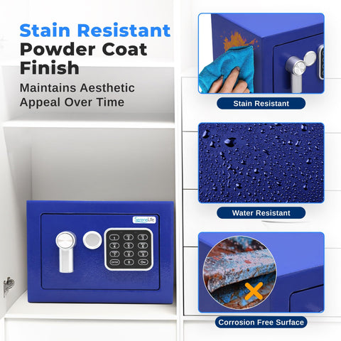 Premium Steel Digital Safe Box With Electronic And Mechanical Access For Cash Jewelry And Small Guns Compact 9.1 Inch By 6.7 Inch By 6.7 Inch Lockbox in blue with stain resistant finish shown in cabinet and detail views