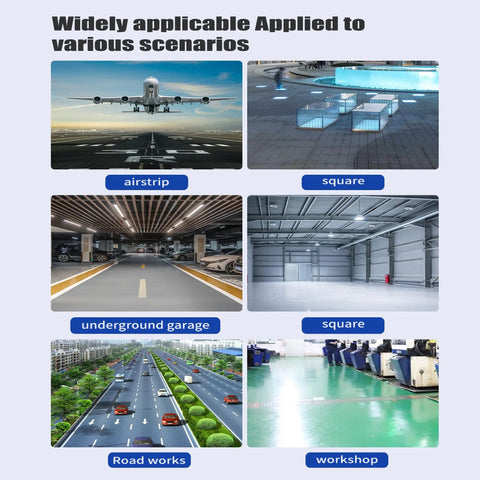 Various scenarios for fast-curing concrete crack filler use including airstrips, squares, garages, roads, and workshops