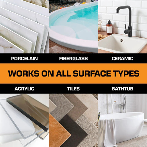 Collage showing Bathtub Repair Kit For Fiberglass Acrylic And Porcelain Sinks And Tubs Fix Chips Cracks on various surfaces