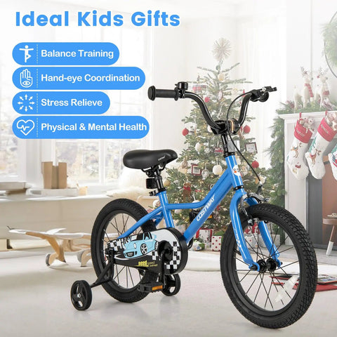 16 Inch Kids Bike For Boys And Girls With Removable Training Wheels Pneumatic Tires Adjusts Blue Under Christmas Tree