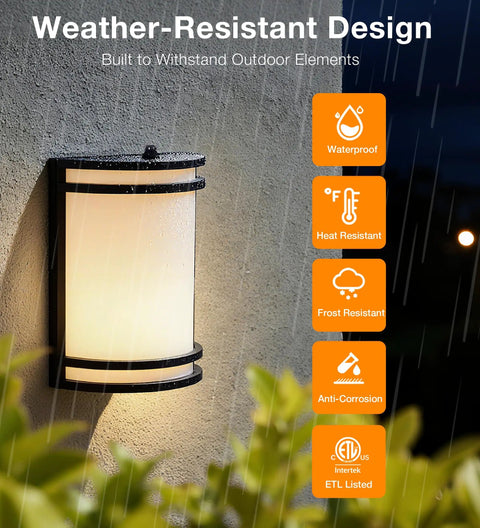 Two Pack Dusk To Dawn LED Outdoor Wall Sconce with wet location aluminum housing illuminating in rain
