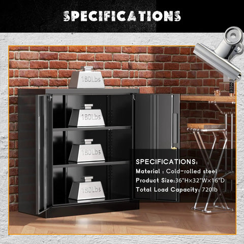36 Inch Locking Metal Storage File Cabinet With Doors And Shelves For Office Home Gym School Kitchen Black The Workhorse For Secure Lockable Storage Of Documents And Supplies Durable Heavy Duty Steel Build shown with weight capacity