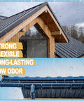 Clear Waterproof Sealant For Indoor And Outdoor Use Transparent Leak Repair Coating That Fixes Cracks On Walls And Roofs All Weather Durable 500g 18oz Easy DIY Leak Repair For Bathrooms And Outdoors applied on a wooden roof and metal gutter.