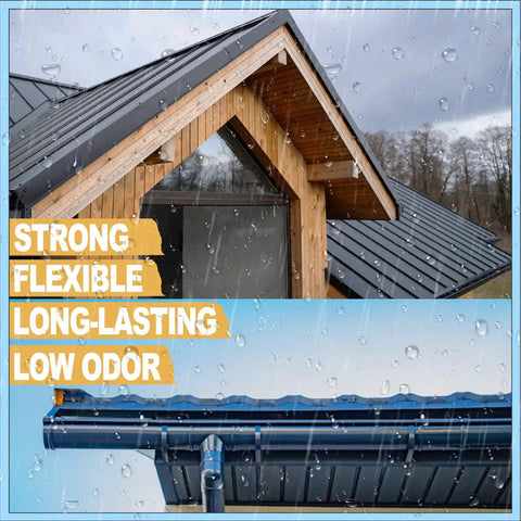 Clear Waterproof Sealant For Indoor And Outdoor Use Transparent Leak Repair Coating That Fixes Cracks On Walls And Roofs All Weather Durable 500g 18oz Easy DIY Leak Repair For Bathrooms And Outdoors applied on a wooden roof and metal gutter.
