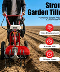 Rugged 4HP 63cc gas powered garden tiller with wheels, 4 stroke rototiller, front spiral blades on plowed soil, man operating.