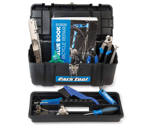 Home Mechanic Bicycle Repair Starter Kit With 15 Essential Tools Big Blue Book Of Bicycle Repair and toolbox open view
