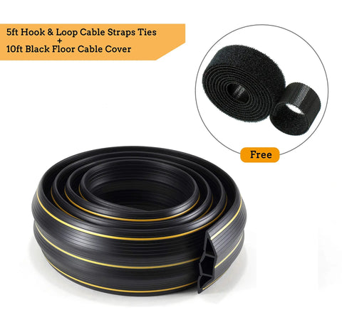 10ft Floor Cord Cover For Home Or Office With 3 Cord Channels Quick Install Cable Protector And Wire Organizer To Keep Wires Neat And No Trip Hazards Black, shown with hook and loop straps