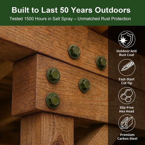Tough-As-Nails Heavy-Duty Exterior Timber Screws Five Sixteenth Inch By Twelve Inch Self-Tapping Hex Head Lag Bolts shown on wood