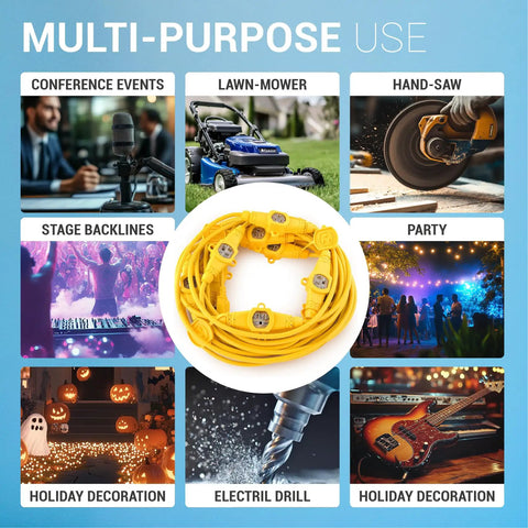 Multi-purpose use of the 50 Ft Heavy Duty Outdoor Indoor Extension Cord with 11 Outlets for various activities and decorations.