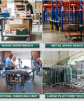 Collage of workspaces featuring wood and metal work benches, a material handling cart, and large platform trucks.