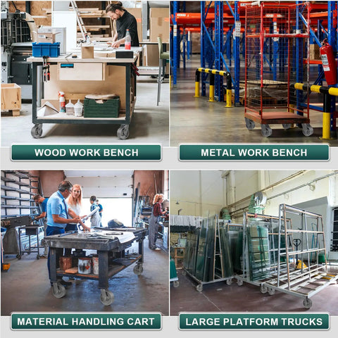Collage of workspaces featuring wood and metal work benches, a material handling cart, and large platform trucks.