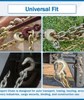 Collage of the Beefy Three Eighths Inch Transport Binder Chain G80 Tow Chain With Grab Hooks Ten Feet Long 7100 Lb Safe Working Load Yellow Electroplated