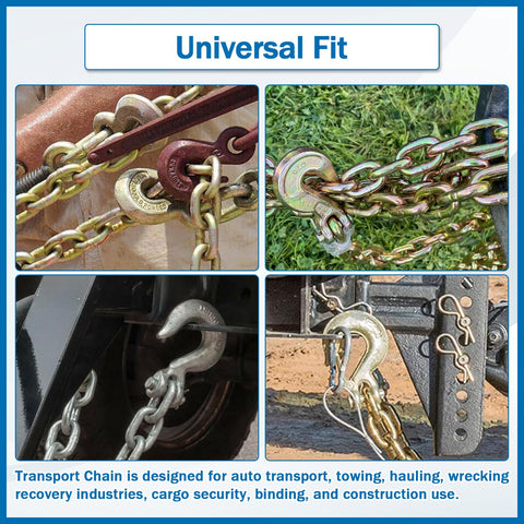 Collage of the Beefy Three Eighths Inch Transport Binder Chain G80 Tow Chain With Grab Hooks Ten Feet Long 7100 Lb Safe Working Load Yellow Electroplated